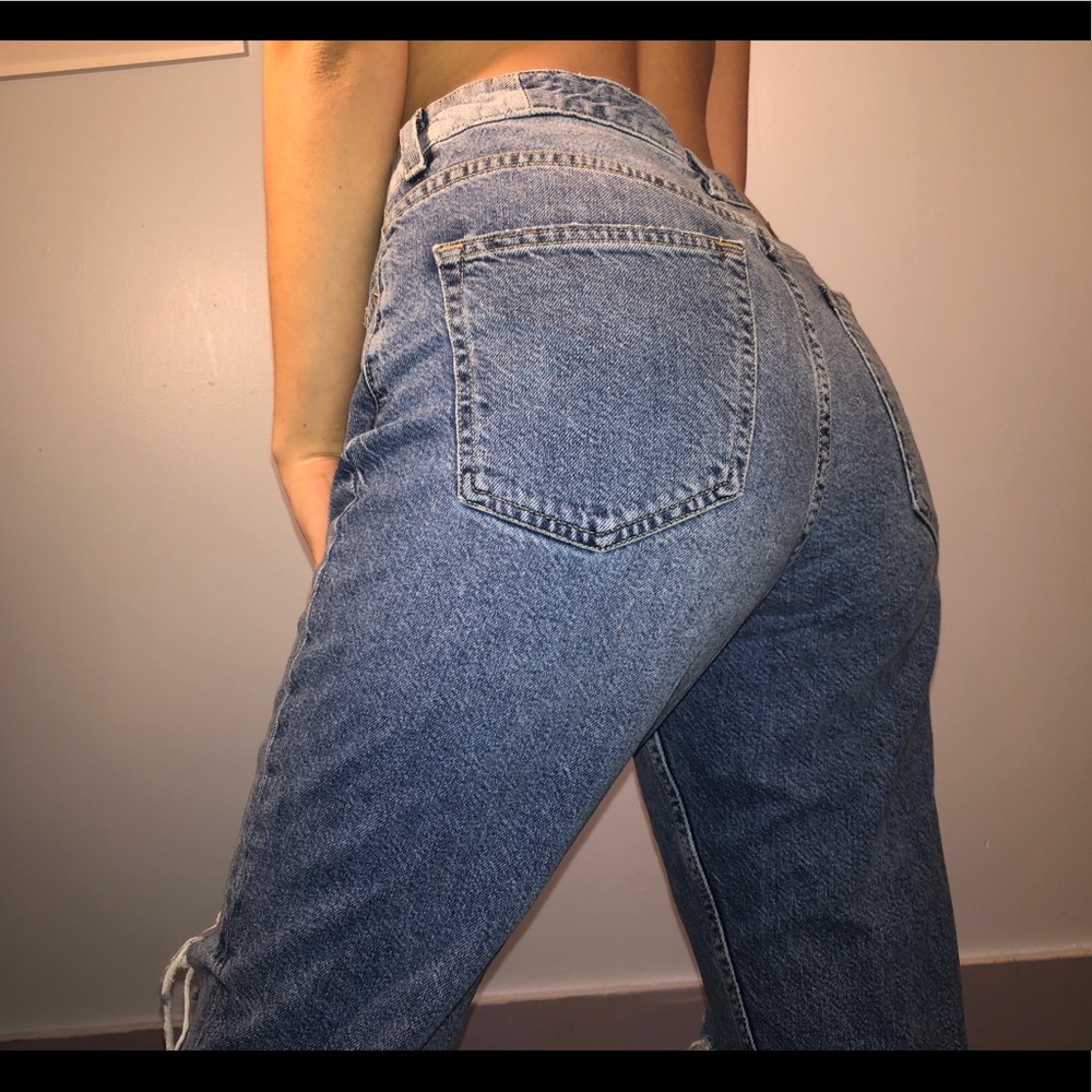 Mid rise ripped jeans, medium blue washed denim
